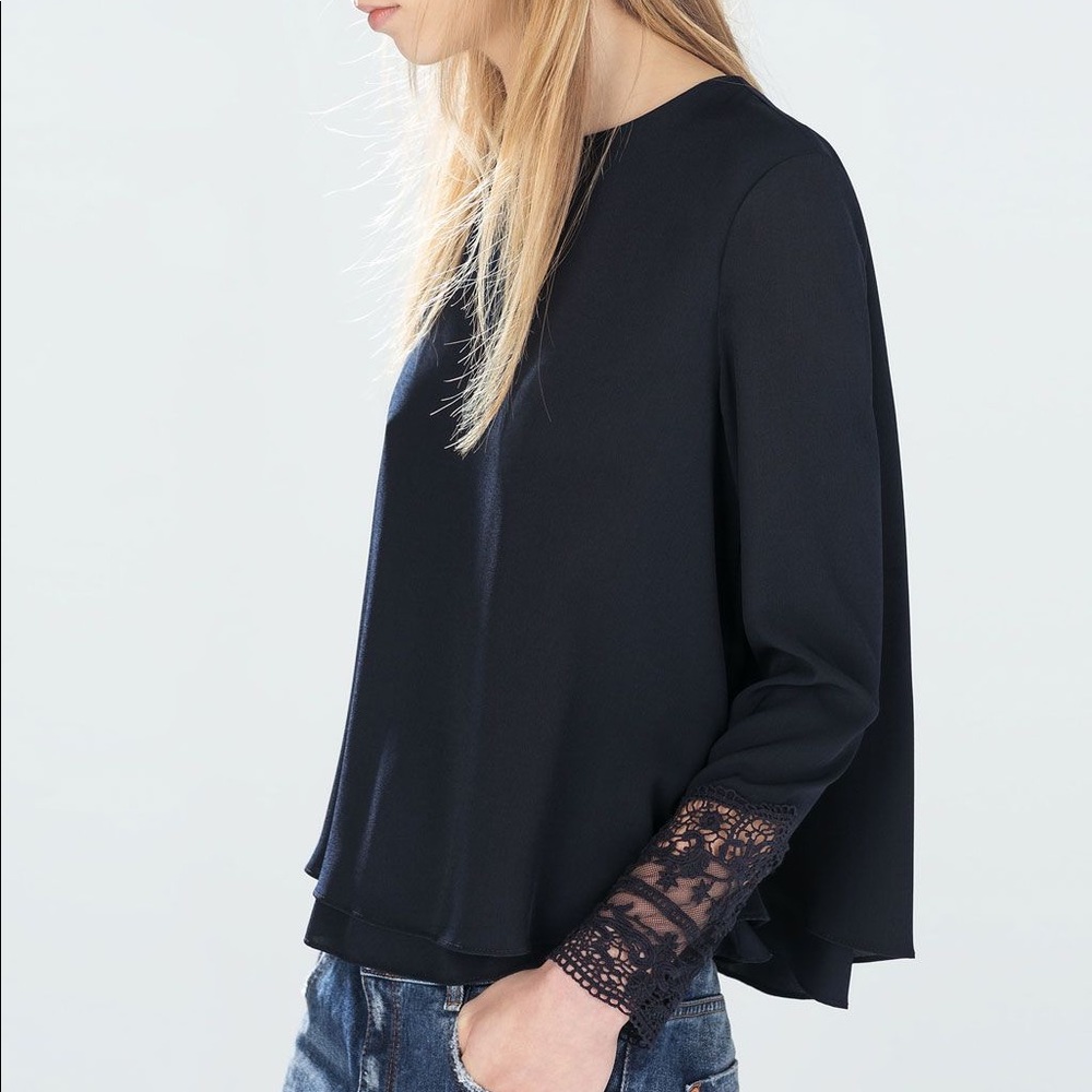 Zara Trafaluc Navy Crochet Lace Sleeve Blouse